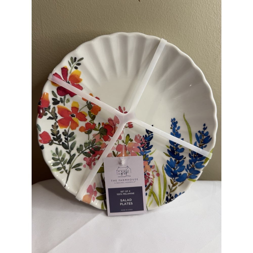 THE FARMHOUSE, RACHEL ASHWELL MELAMINE Salad Plates Soft Floral NEW (Set of 4)